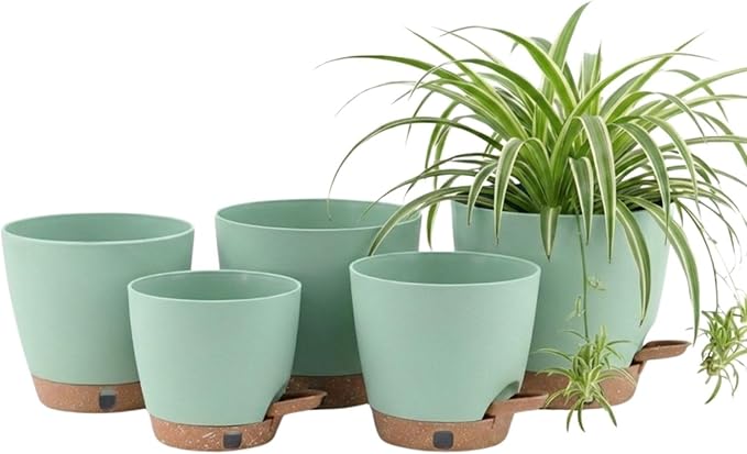 montresor 5 Pack Green 5/5.5/6/6.5/7 Inch Self Watering Planters for Outdoor, Plastic Plant Pots with Wick & Drainage, Small to Medium Indoor Pots for Snake Plant, Aloe Montresor