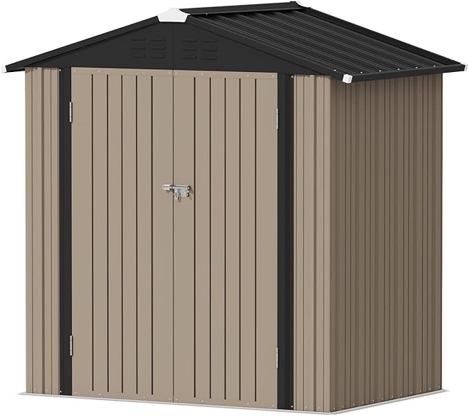 Devoko Outdoor Storage Shed 6 x 4 FT Lockable Metal Garden Shed Steel Anti-Corrosion Storage House with Double Lockable Door for Backyard Outdoor Patio (Brown) DEVOKO