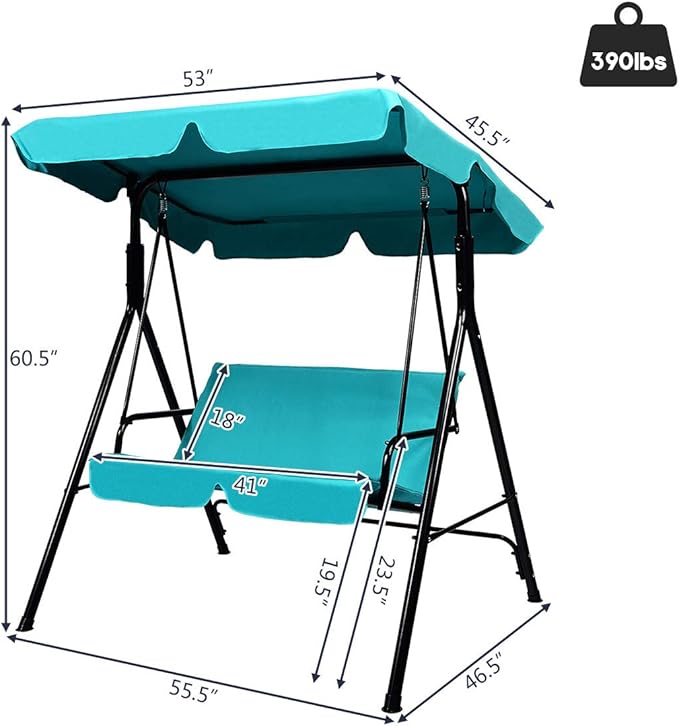 Tangkula 2 Person Porch Swing, Outdoor Swing with Removable Cushions, Solid Steel Structure, Patio Swing with Adjustable Canopy for Porch, Backyard, Garden, Balcony Turquoise TANGKULA