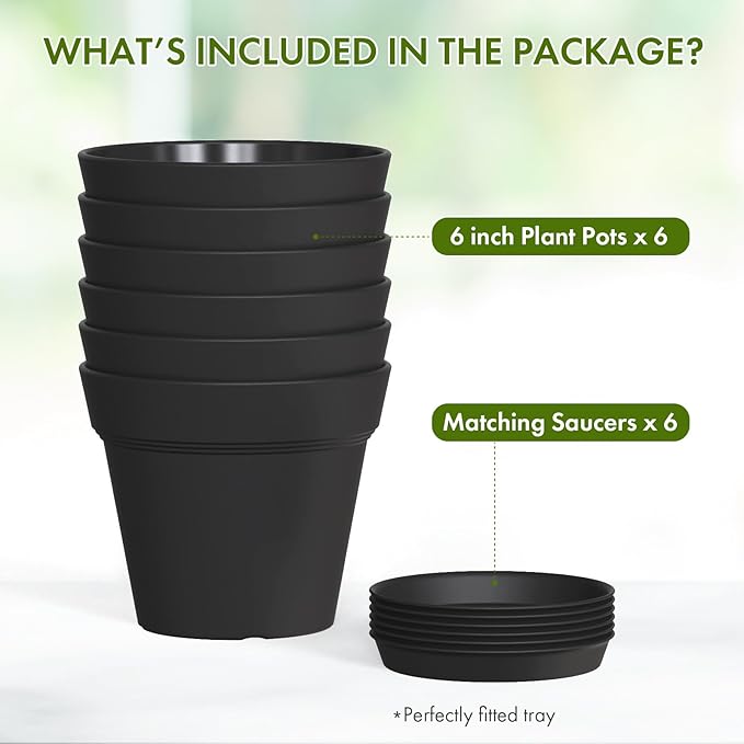 6 Inch Thick Plastic Plant Pots with Drainage Holes and Trays – 6 Pack Nursery Pots for Indoor & Outdoor House Plants, Seedling Starter Planters for Garden Flowers, Matte Black WSMKSZ