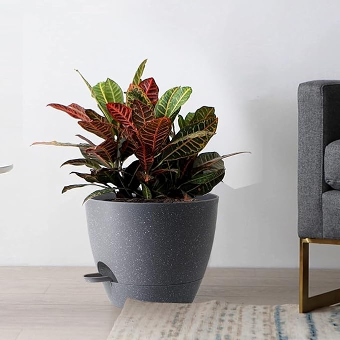 Large Self Watering Pots, 12/10/9 Plastic Planters with High Drainage Holes and Deep Reservoir for Indoor Outdoor Garden Plants and Flowers, Grey Speckles UOUZ