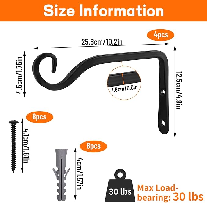 Plant Hangers Outdoor 4 Pack 10 Inch Metal Hanging Plant Bracket Metal Hanging Plant Hooks Indoor, Wall Hooks for Hanging Plants, Bird Feeder, Flower Basket, Wind Chimes Black (4PCS) ROPCIA