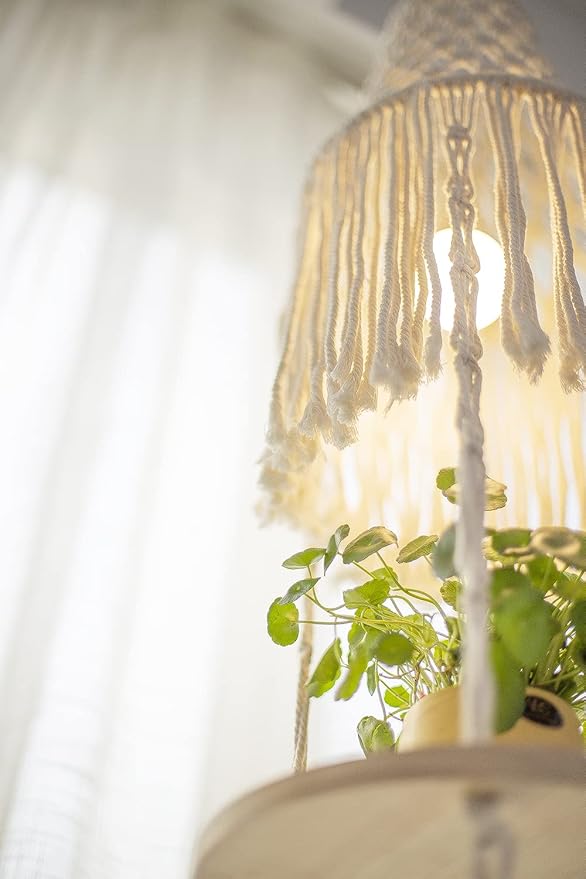 Macrame Plant Hanger Shelf Hanging Rope Shelf Indoor with Boho Lamp Shade 3 Tier Floating Round Shelves Decorative Shelf Flower Pot Holder Planter Display Rack Boho Home Decor-1 Set YKBU