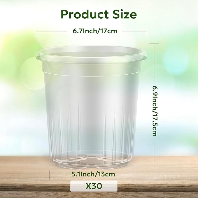 30 Packs 1 Gallon Reinforced Clear Nursery Pots with Drainage Holes, 7 Inch Transparent Plastic Plant Pot Seedling Planter for Vegetable Propagation, Root Cutting, Seed Starting Bluepro