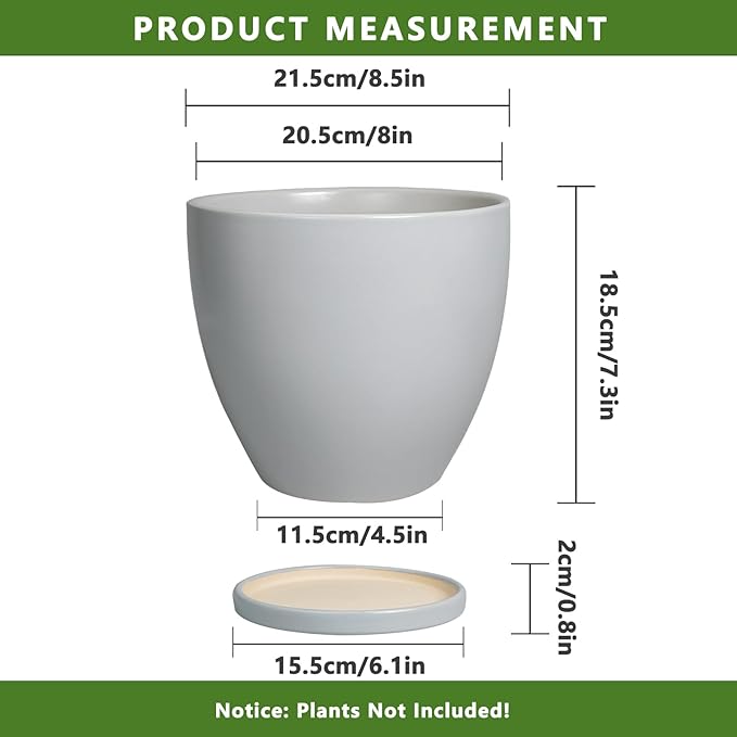 Ceramic Pots for Plants - 8 Inch Planter, Indoor Plant Pot with Drainage Hole and Saucers, Modern Flower Planters, Home Garden Patio Bathroom Porch Room Decor, Gray EPFamily