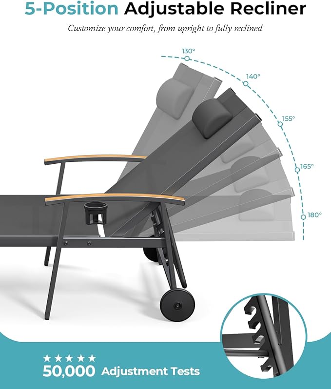 Ciokea Outdoor Lounge Chair with Pillow, 5-Position Aluminum Chaise Lounge with Wheels & Armrests, 400 lbs Heavy Duty Patio Pool Chair for Deck, Backyard, Beach & Poolside, Grey CIOKEA