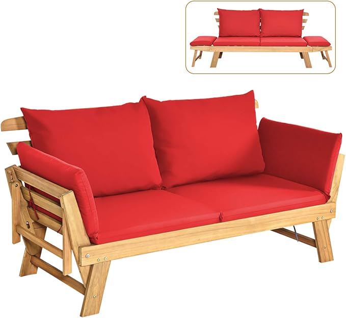 Tangkula Convertible Acacia Wood Patio Couch Sofa Bed with Adjustable Armrest, Outdoor Daybed with Cushion & Pillows, Outside Folding Futon Sofa Couch Bench for Porch, Courtyard, Poolside & Garden TANGKULA