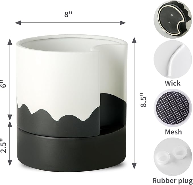 Nihow Self Watering Plant Pot: 8 Inch Ceramic Planter with Drainage Hole & Water Storage Plus for Indoor & Outdoor Plants - Cylinder Round Flower Pot for Succulent/Herbs/Violets - White & Wave Black Nihow