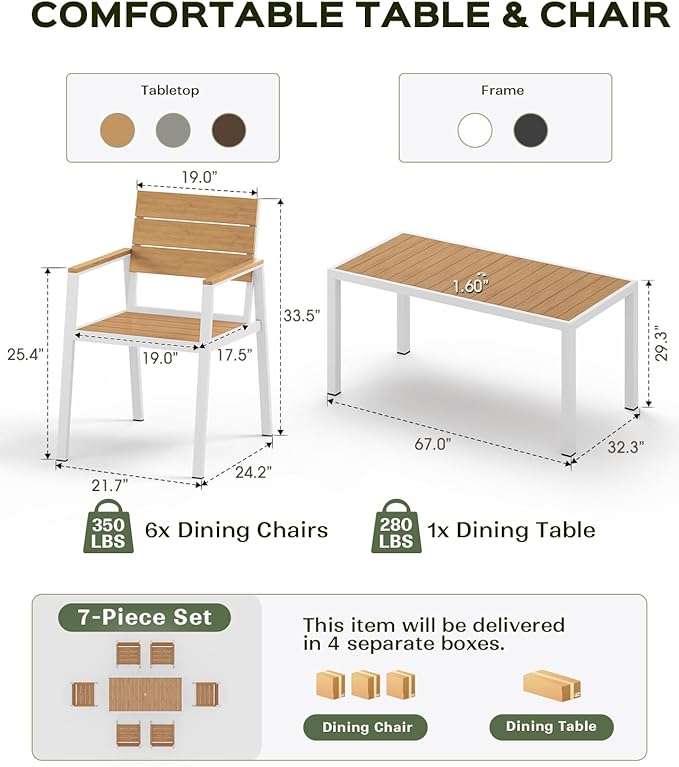 7-Piece Outdoor Dining Set, Aluminum Dining Table Set for 6, Patio Table and Chairs Set with Umbrella Hole, All Weather HDPS Outdoor Table and Chairs for 6 (White-Teak) Vexwalx