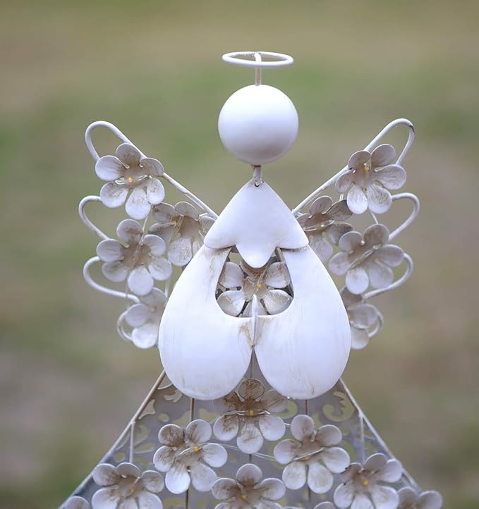 Solar White Angel Garden Stake Lights - Metal Hydrangea Memorial Gift With 27 LEDs - Perfect for Remembrance and Sympathy (7.7" W x 40.5" H) WSgift