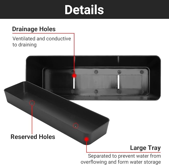 GREANER 12x3.8 Inch Herb Planters, 1 Pack Rectangle Window Boxes with Tray, Indoor Succulent Cactus Mint Plastic Pot for Windowsill, Balcony, Office, Outdoor Garden - Black GREANER