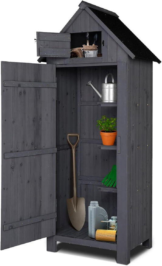 VINGLI Outdoor Wooden Storage Shed, Garden Shed Outside Tool Cabinet with Safety Latch, Patio Storage Organizer (Dark Grey) VINGLI