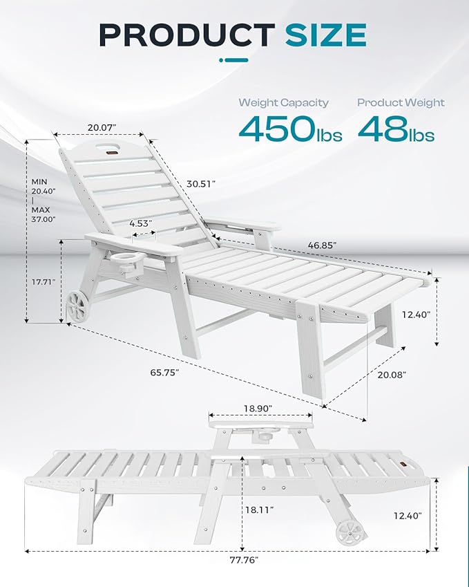 Outdoor Chaise Lounge Chair Set of 2, Patio Lounge Chairs for Outside, HDPE Lounge Chairs with Wheels & Cup Holder, Poly Lounge Chair with 5 Position for Poolside, Deck, White CIOKEA