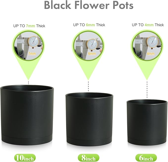 10/8/6 inch Large Deep Plant Pots for Outdoor Indoor Plants, 3 Pack Tall Cylinder Flower Pots with Drainage Holes and Saucers, Big Plastic Planter Pots for Garden House Porch, Black Meowell