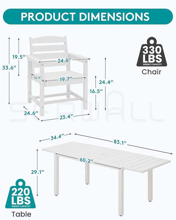 SERWALL 7-Piece Patio Dining Sets, 60" - 83" Expandable Outdoor Dining Table and 6 HDPE Chairs, All Weather HDPE Outdoor Furniture Set for Backyard, Garden, White SERWALL