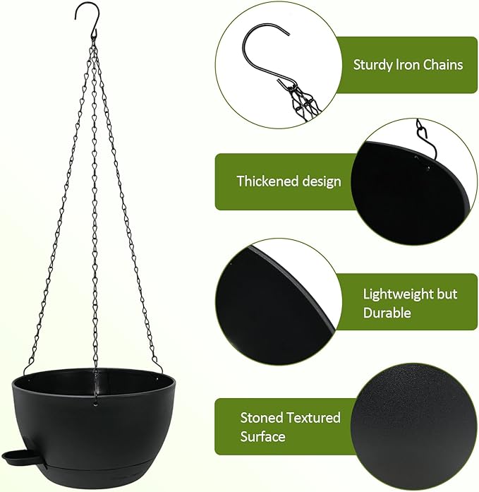 WOUSIWER Self Watering Hanging Planters, 2 Pack 10'' Plastic Pots with Drainage Holes & Reservoir Tray (Black) | Indoor & Outdoor Use for Ferns, Ivy, Herbs, Succulents WOUSIWER
