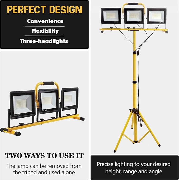 22000 Lumen Work Lights with Stand, 3 Head Portable LED Work Light, with Adjustable&Foldable Tripod Stand, IP66 Waterproof Lamp for Outdoor Indoor Job Site Workshop Garage Construction Site Lighting GUWELL