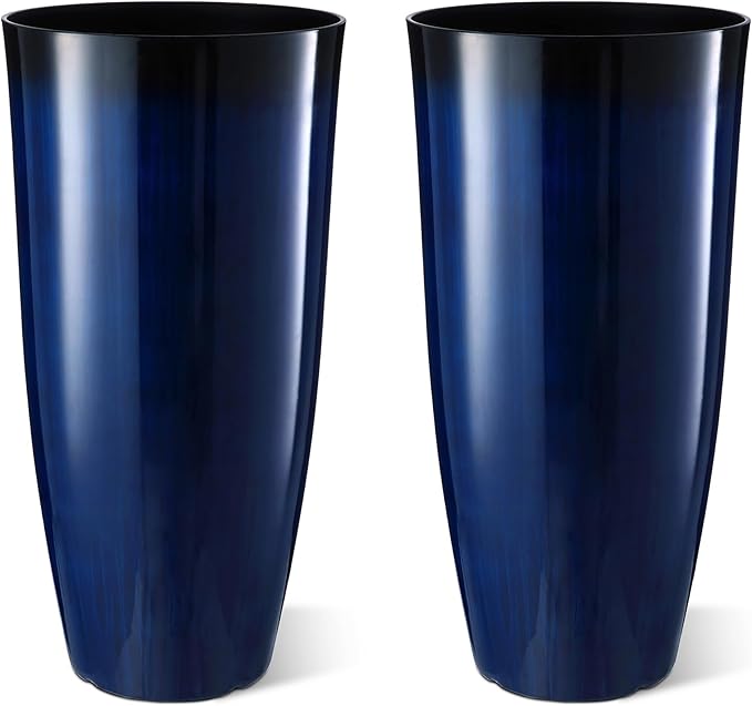 Glitzhome 30" H Tall Planters for Outdoor Plants, Set of 2 Plastic Large Outdoor Planters with Gradient Cobalt Blue Faux Ceramic Finish,Large Flower Pots with Drainage Holes for Front Porch Indoor Glitzhome