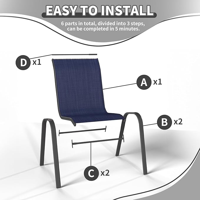 Patio Dining Chairs Set of 6, Outdoor High Stacking Chairs，Breathable Seat Fabric and Alloy Steel Frame for Backyard, Porch, Garden, Sunroom (Blue) VonzoyHome