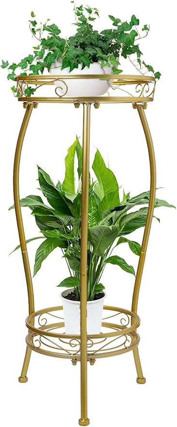 Plant Stand Indoor Outdoor，Tall Gold Metal Rustproof Stable Plant Stands，2 Tier 27.1 inch Multiple Plant Rack Holder Rack Flower Pot Stand Heavy Duty Plant Shelf (Gold) KavliumPlantStand