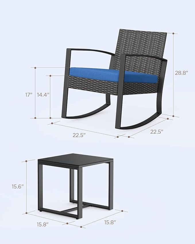 3 Piece Patio Bistro Set Patio Furniture Set Outdoor Wicker Rocking Furniture Conversation Set with Tempered Glass Coffee Table for for Front Porch Balcony and Deck (Blue Cushion) Qsun