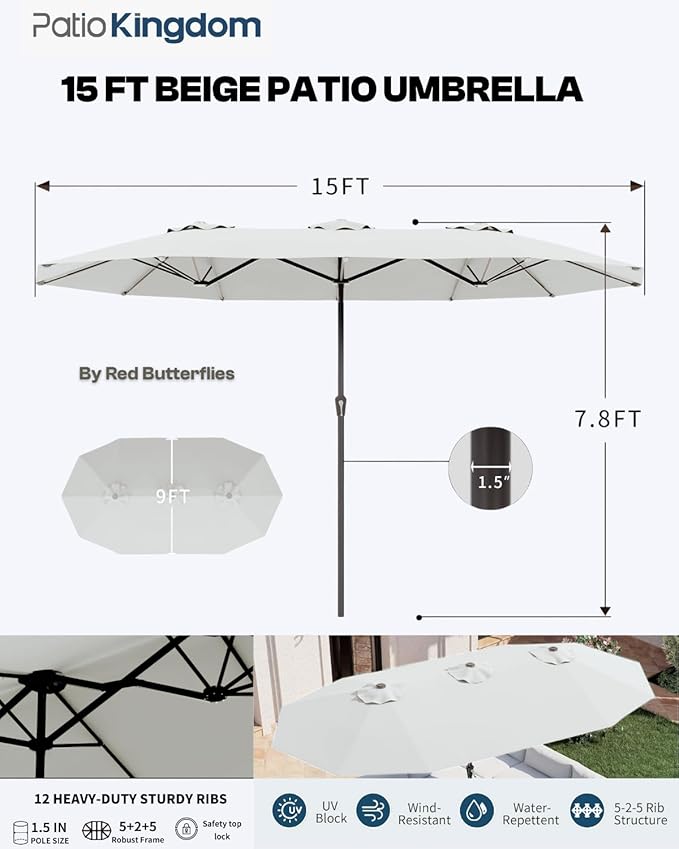 5-Piece White Outdoor Dining Set with White 15FT Large Patio Umbrella, 75.2'' HDPE Table & Chairs for 8, Weather-Resistant Furniture with Umbrella Hole for Patio, Lawn, Poolside PatioKingdom