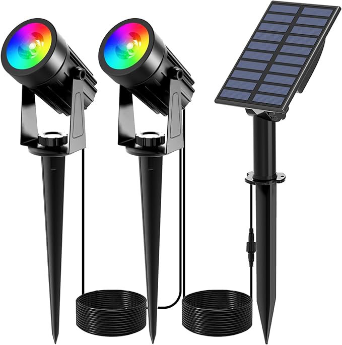 T-SUNUS RGB Solar Spot Lights Christmas, Metal Color Changing Landscape Spotlights IP65 Waterproof Spotlight 2-IN-1 Separated Panel for Outdoor Uplighting Garden Pathway Trees Flag Pond Yard Halloween T-SUNUSLighting