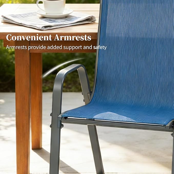 MAMIZO Patio Dining Chairs, Stackable All Weather Teslin Chair, Heavy Duty Outdoor Breathable Chairs Set, w/Armrests, Upgraded Chair FeetW/Strenthened Iron Spacers, 330 LBS (6, Navy Blue) MAMIZO