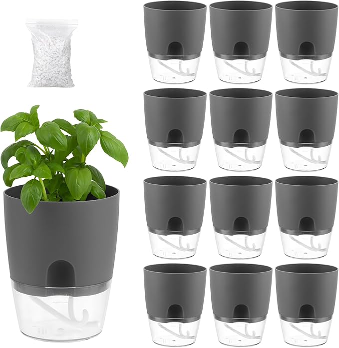 12 Pack Self Watering Pots for Indoor Plants, PlanterHoma 3.2 Inch Plant Pot Plastic Self Watering Planter for Orchid, African Violet, Mini Clear Flower Pots with Drainage Holes and Wicking Rope, Grey Planterhoma