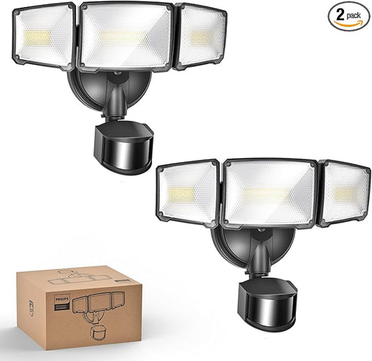 Philips 72W 7400LM LED Security Lights w/PIR Motion Sensor Outdoor, 5000K Daylight Dusk to Dawn Aluminum Flood Light, 3 Adjustable Heads, Waterproof for Garage, Yard, Porch PhilipsLightingLED