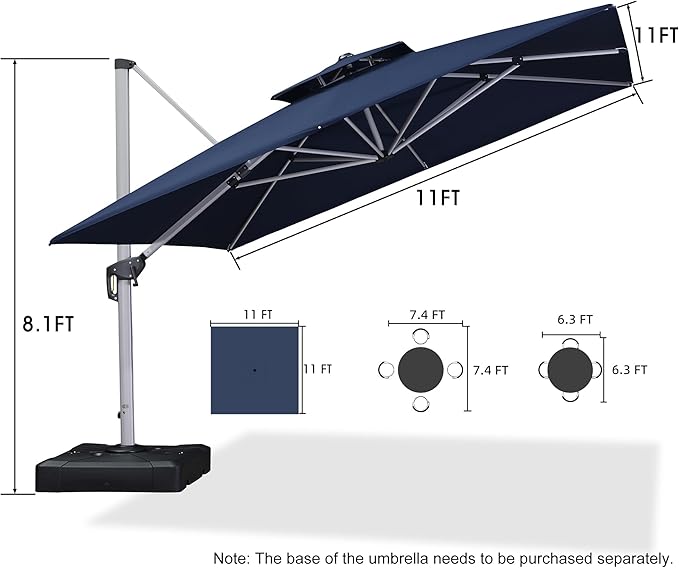 PURPLE LEAF 11 Feet Double Top Deluxe Square Patio Umbrella Offset Hanging Umbrella Cantilever Outdoor Market Umbrella Garden, Navy Blue PURPLELEAF