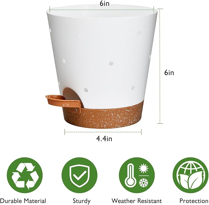 Orchid Pots with Holes, 6 Inch Self Watering Orchid Pot 2 Pack Plastic Plant Pots for Orchid, Flower (White+Brown) Vanslogreen