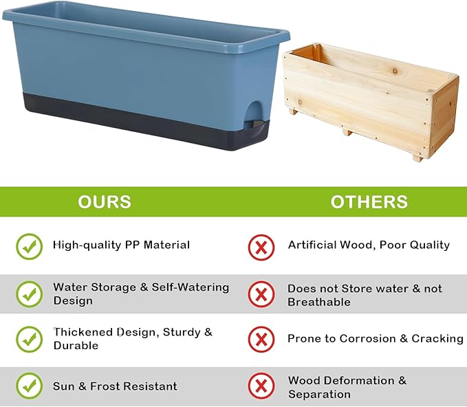 Window Box Planter 4 Packs, 17 Inches Rectangle Flower Pots with Drainage Holes & Trays, Pots for Vegetables, Herbs, Flowers, Garden Windowsill Balcony (Blue, 17 * 5.1 * 6 inch) Oliz