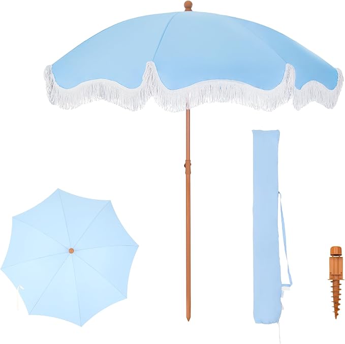 PHI VILLA 7ft Beach Umbrella with Fringe & Sand Anchor, Outdoor Patio Heavy Duty Windproof Portable Tassel Umbrellas for Sand with Push Button Tilt & Carrying Bag, UPF 50+, Light Blue (No Base) PHIVILLAThepioneerofcomfortablehouseholdsupplies