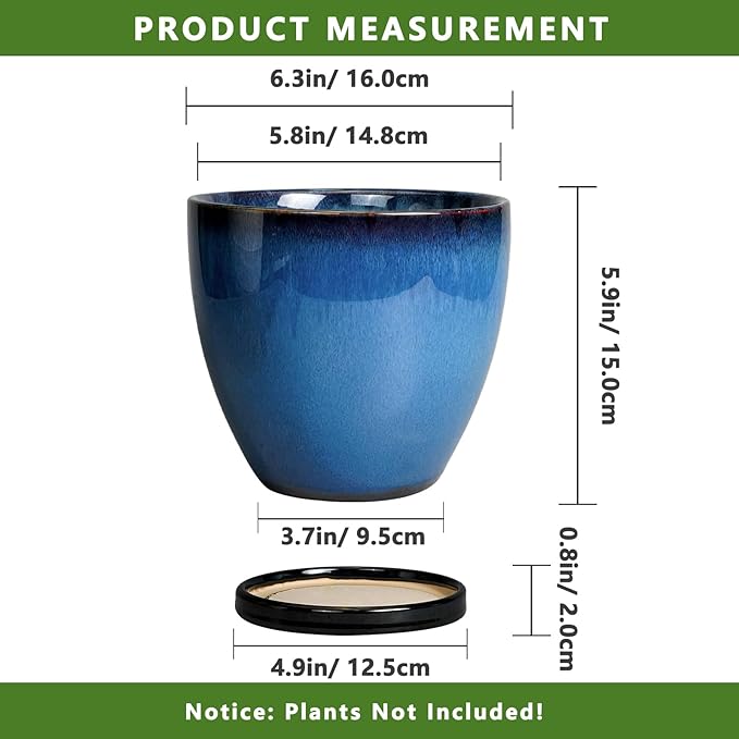 Ceramic Planters for Indoor Plants - 6.3 Inch Plant Pot with Drainage Hole and Saucer Round Modern Planter Home Garden Patio Decor Blue EPFamily