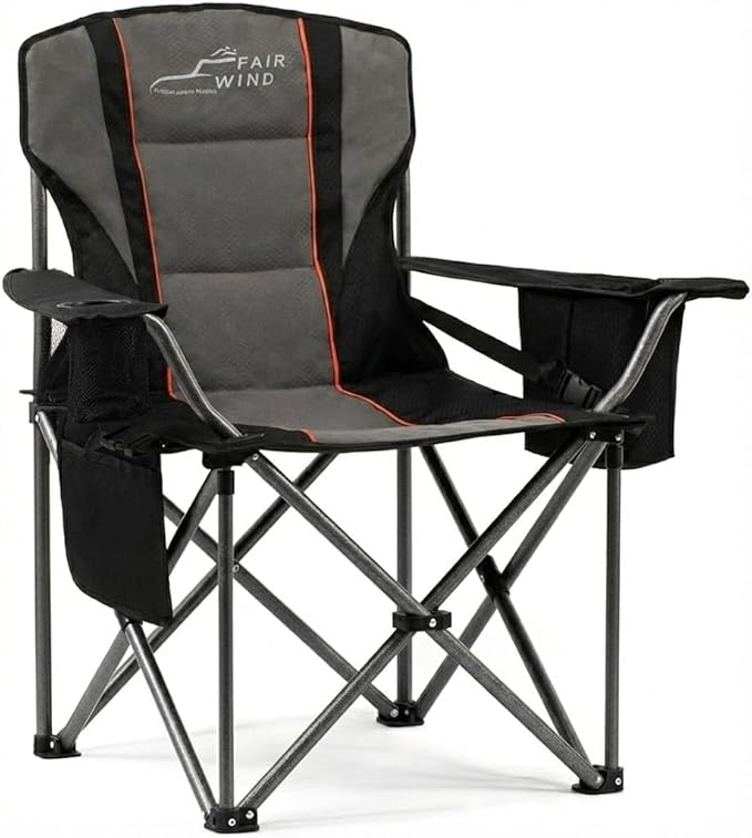 FAIR WIND Heavy Duty Camping Chair, Oversized Padded Folding Chair for Big and Tall (450lbs), Extra Wide Seat with Integrated Cooler & Storage Pocket, Adjustable Lumbar Support for Outdoor FAIRWINDOutdoorEquipment