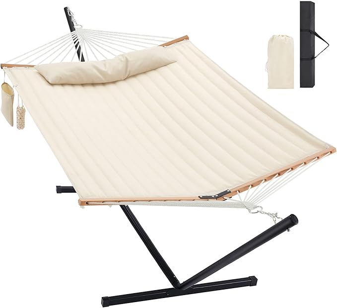 Two Person Hammock with Stand for Outside Heavy Duty, Outdoor Patio Hammock with Portable Steel Stand, Large Double Hammocks,480lbs Capacity.(Off White) HomgavaLiveWhatYouLove
