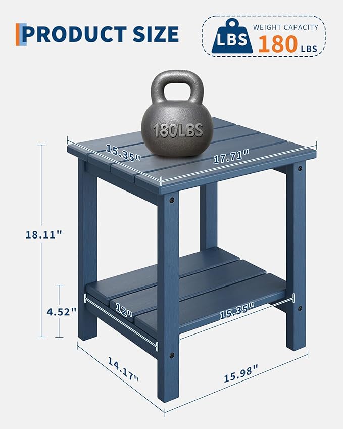 GarveeLife Adirondack Outdoor Side Table 18 x 15 in, HDPE 2-Tier Patio Side Tables for Outside, All-Weather End Table for Patio Pool Deck Indoor Backyard, Navy Blue-2Pcs GarveeLife