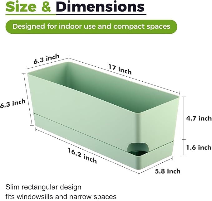4 Pack Self Watering Pots for Indoor Plants 17 Inches Window Boxes Planters Rectangular Flower Pots Rectangle Herb Pots Large Plant Pots with Drainage Holes and Saucers Windowsill Planter, Green KvyusFlourish