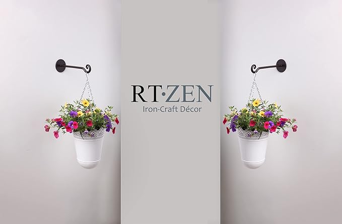 RTZEN Plant Hangers Indoor or Outdoor - Wrought Iron Metal Hanger Indoor Hook - Heavy Duty Wall Bracket Hooks for Hanging Plants Baskets Lanterns Wind Chimes - 2 Pack (Black Swirl Hooks) RTZEN