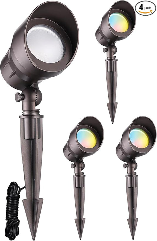 LEONLITE 5CCT Low Voltage LED Landscape Spotlight, Update 1800K2700K3000K4000K5000K Selectable, 5W 12V Pathway Lights Outdoor, CRI90, Aluminum Spot Lights for Garden, ETL, IP65 Waterproof, Pack of 4 LEONLITE