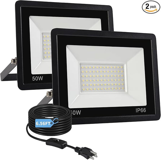 50W Flood Lights Outdoor,7000LM Bright LED Work Light,IP66 Waterproof Outside Lights for Yard with Switch and 6.5FT Plug,6500K Daylight White Outdoor Yard Light for Garage,Garden,Stadium(2 Pack) Rootora