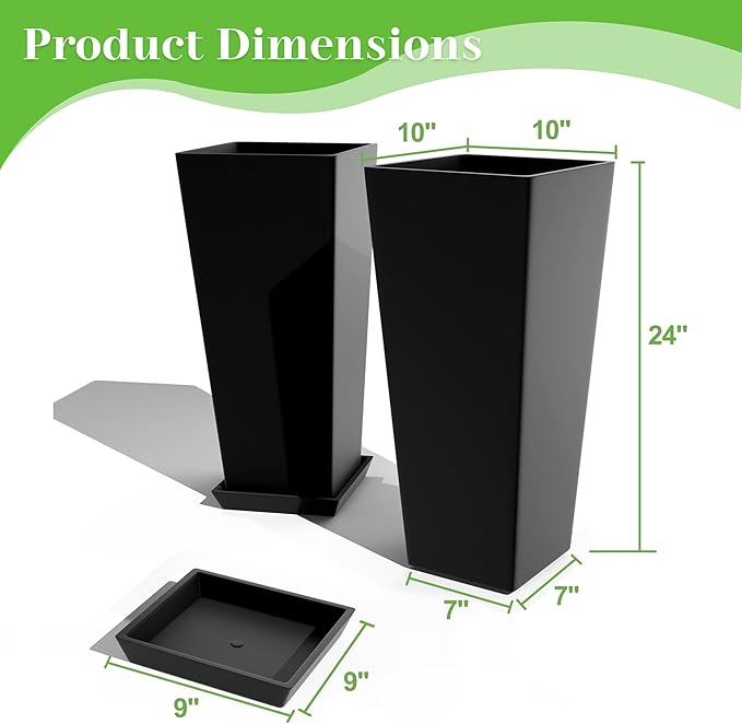 FENCY Set of 2 Tall Planters for Outdoor Plants, 24 Inch Large Tapered Pots with Drainage Trays, Weather-Resistant Plastic Plant Containers for Patio, Porch, Garden, Front Door Decor,Black FENCY