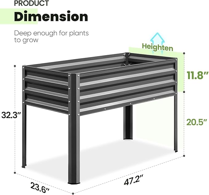 KING BIRD Raised Garden Bed with Irrigation System and Legs Galvanized Elevated Planter Box 48×24×31.5 in for Backyard, Patio, Balcony, 400lb Capacity, Dark Grey KINGBIRD