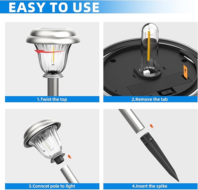 DERAYSION Solar Lights Outdoor Waterproof, Brushed Stainless Steel Glass Solar Pathway Lights, Auto On/Off Long-Lasting Outdoor Solar Lights for Garden, Landscape, Path, Yard 6 Pack DERAYSIONSolarLighting
