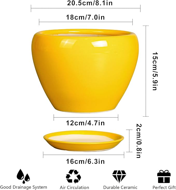 8 Inch Plant Pot - Glaze Modern Round Ceramic Planter for Indoor Outdoor Plants with Drainage Hole and Saucer for Home Patio Room Office Decor, Yellow Ceramicfor
