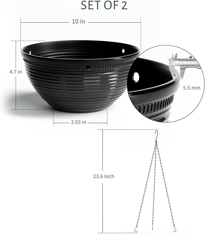 2 Pack Hanging Planters for Indoor Outdoor Plants, 10 Inch Hanging Planter with Drainage Hole & Plug Glazed Hanging Baskets Flower Pots for Garden Home (Black) Vanslogreen