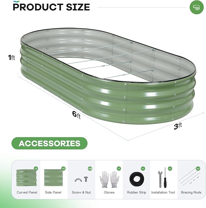 Galvanized Raised Garden Bed Outdoor, 6x3x1ft Oval Metal Raised Beds for Gardening, Rust-Resistant Garden Planter Box for Planting Vegetables, Flowers, Fruits in Lawn(Olive Green, 2 Packs) HEALSTOK