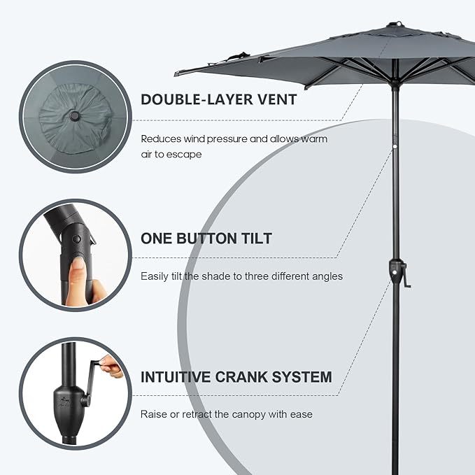 Abba Patio 7.5FT Lyon Outdoor Patio Umbrella Outdoor Table Umbrella with Push Button Tilt and Crank Market Umbrella 6 Sturdy Ribs UV Protection Waterproof for Garden Deck Backyard Pool Grey AbbaPatio