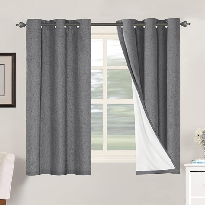 H.VERSAILTEX Primitive Linen Curtains 100% Blackout Curtain Drapes Burlap Fabric Curtains with White Thermal Insulated Liner, Grommet Top Drapes Living Room/Bedroom (2 Panels, 42 x 54 Inch, Grey) HVERSAILTEX